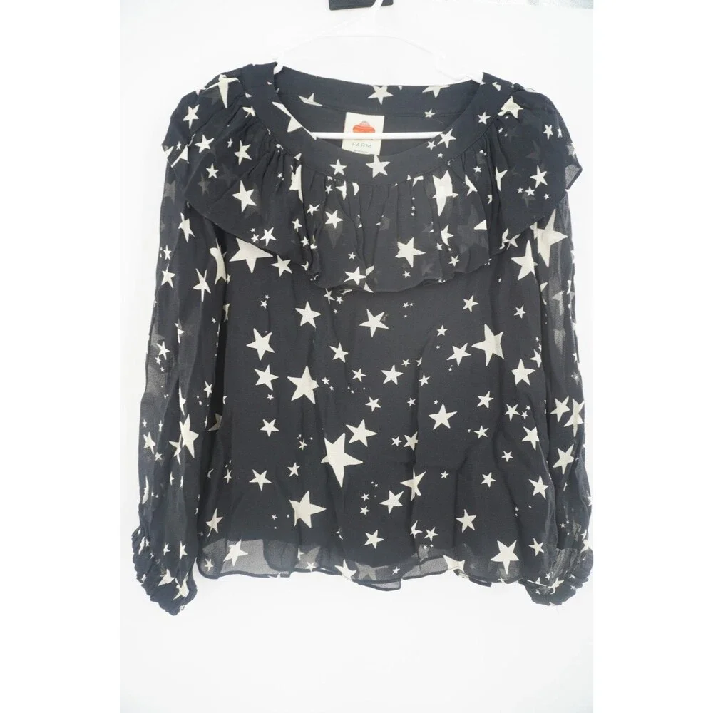 FARM Rio Stardust Blouse Black Celestial White Star Print Sheer Ruffle Neck Sz L